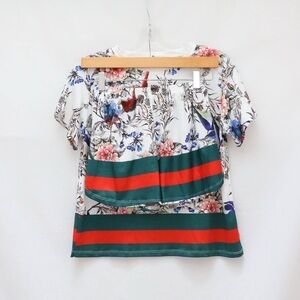 New 2 piece set white floral print t-shirt top shorts birds pyjamas athleisure S